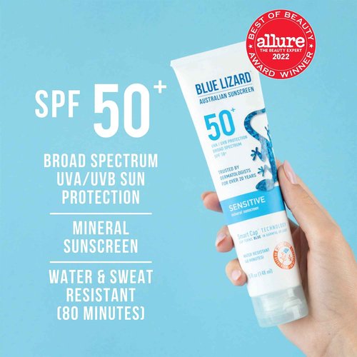 BLUE LIZARD Mineral Sunscreen, SPF 50+, Tube, Zinc Oxide | Water Resistant | Fragrance Free | For Sensitive Skin | 5 Fl Oz Pack of 2