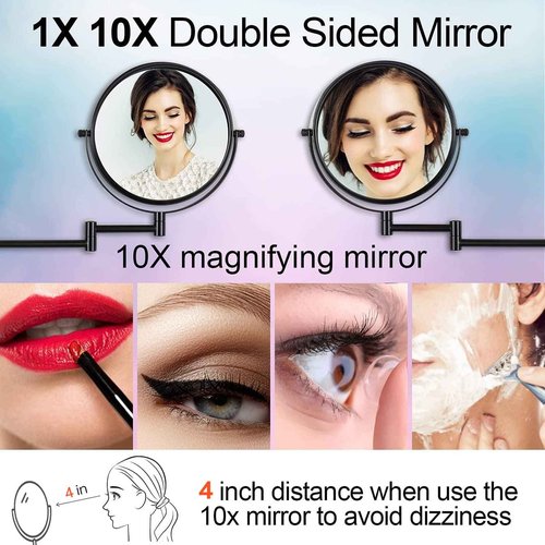 LANSI Wall Mounted Magnifying Makeup Mirror with 1X 10X Magnification and Extendable Arm, 8 Inch Double Sided Vanity Mirror for Bathroom, Wall Mirror for Teen Girls, Women, Matte Black