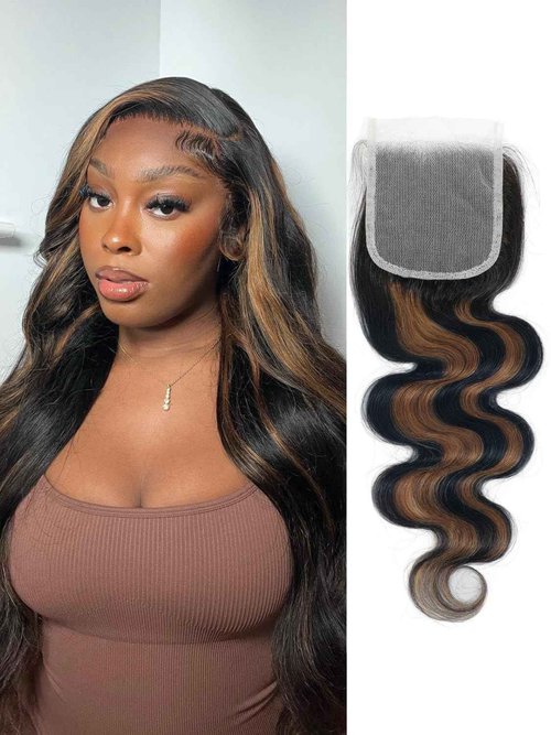 ANMETAN Honey Blonde Highlight 4x4 Closure Body Wave Human Hair, Balayage Colored F1B/30 Black with Brown 12A Remy Hair 4x4 HD Transparent Lace Closure Pre-plucked Free Part Natural Hairline 14 Inch