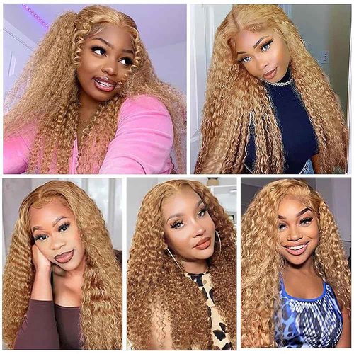 Honey Blonde Human Hair Bundles 14 16 18 Inch Kinky Curly Wave Bundles Human Hair Unprocessed Native Virgin Hair 100/PC 3 Extensions #27 Blonde Color Wet and Wavy Human Hair Extensions for Women