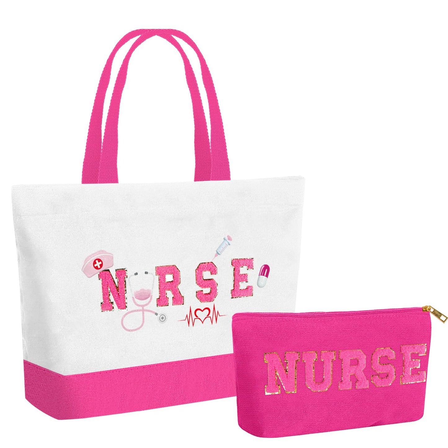 CIXICM 2 Pcs Tote Bag Gift for Nurse,Nurse Gifts Nurse Makeup Bag,Nurse bag Grocery Reusable Bags with Inner Zipper Women Gift,Canvas Nurse Tote Bag(Rose Pink)