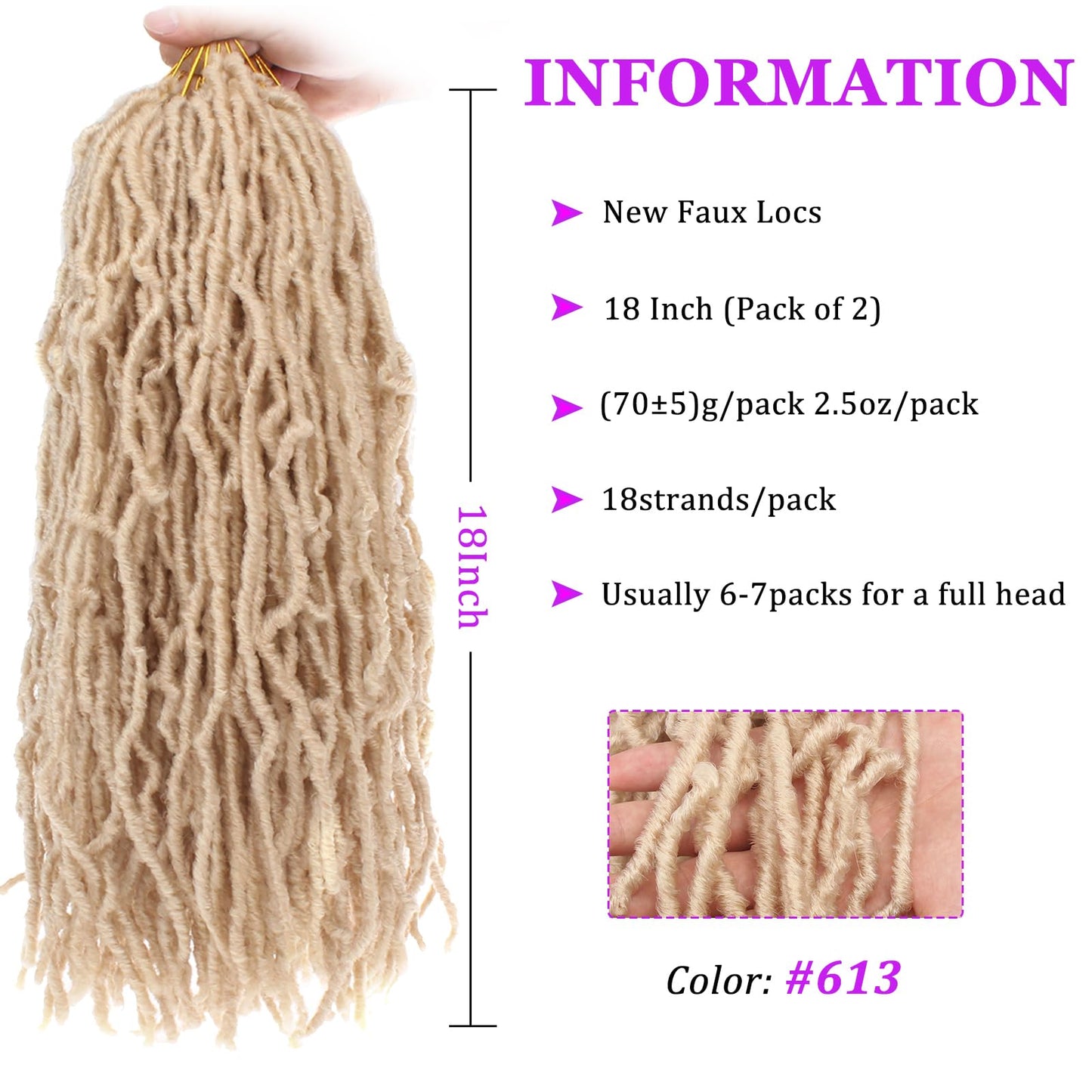 18 Inch Blonde Nu Faux Locs Crochet Hair 2Packs Goddess Soft Locs Crochet Braids Hair for Butterfly Locs, Pre-looped Soft Natural Curly Wavy Dreadlocks Synthetic Hair For Women (18 Inch,613#)