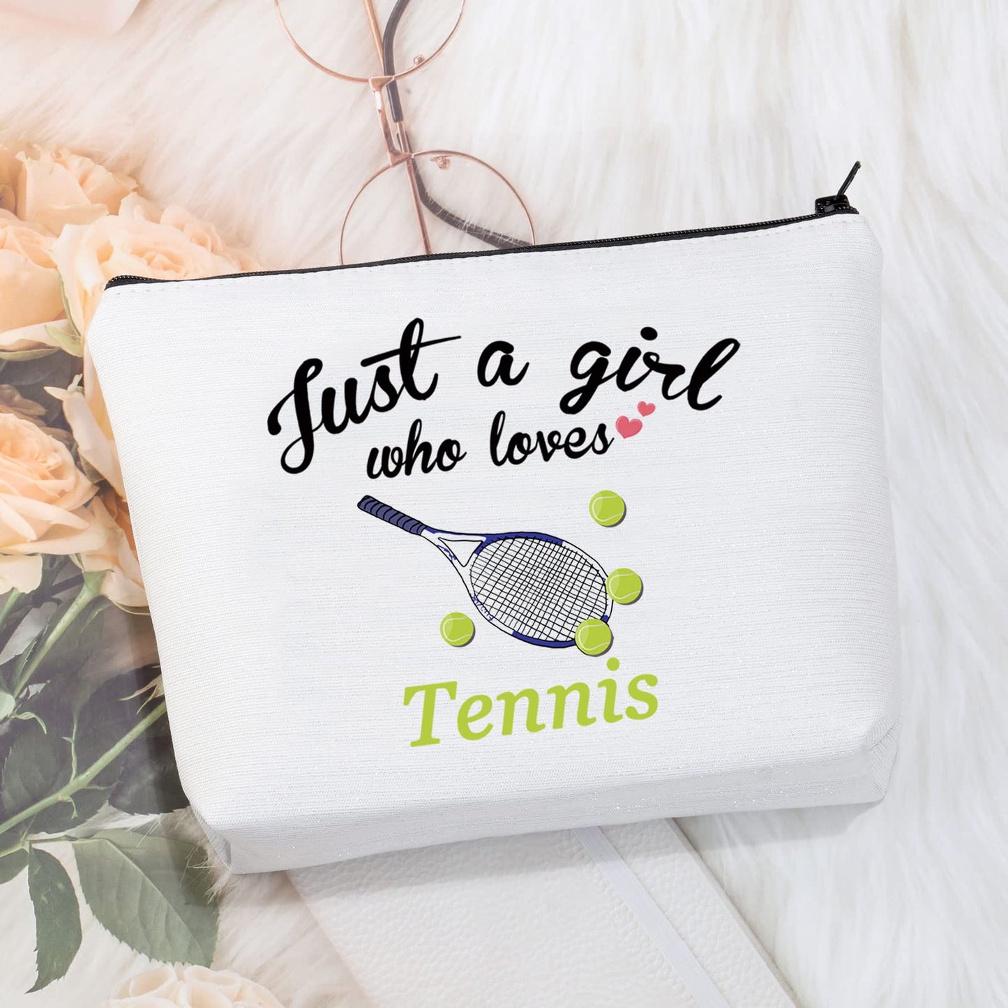 CMNIM Tennis Makeup Bag for Her Tennis Players Gifts Tennis Racquet Cosmetic Bags Small Travel Pouches (just a Girl Who Loves Tennis Makeup Bag)