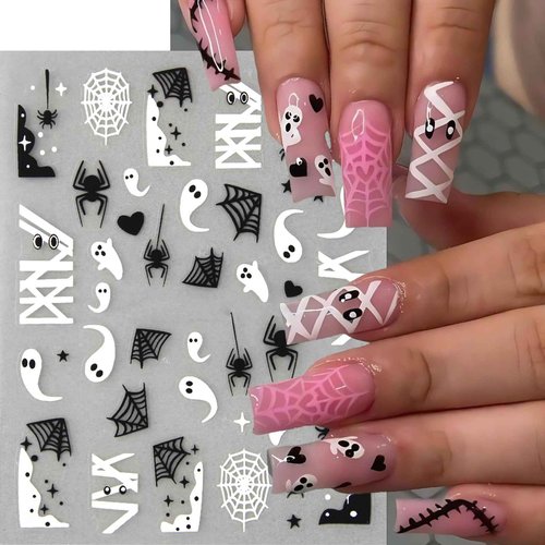 8 Sheets Spider Nail Art Stickers Halloween Ghost Nail Decals 3D Self-Adhesive Black White Heart Spider Web and Rhinestones Spiders Nail Design Acrylic Nails Decoration for Women Holiday Nail Charm