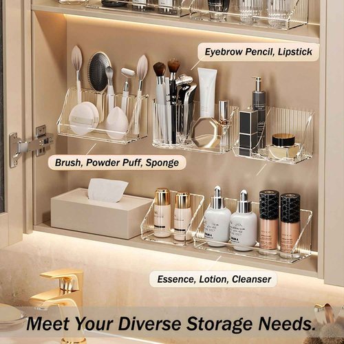 MORNITE 3 Pcs Medicine Cabinet Tray Organizer, Small Adhesive Bathroom Vanity Floating Shelves Storage for Toilet, Mirror, Wall, Countertop, Clear