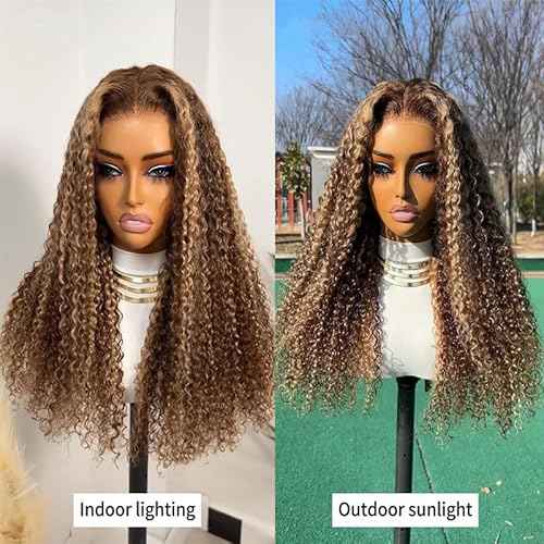 200 Density Honey Blonde Wig Human Hair 13x6 Deep Wave HD Transparent Lace Front Wigs Human Hair Pre Plucked 4/27 Highlight Ombre Jerry Curly Wet And Wavy 100% Human Hair Wigs For Black Women 28 inch