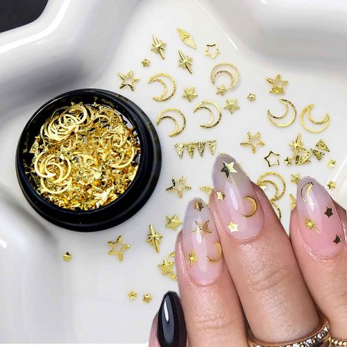 2 Box Gold Star Moon Nail Charms 3D Metallic Art Studs for Jewelry Decorations Luxury Design Supplies Accessories DIY Acrylic Kit