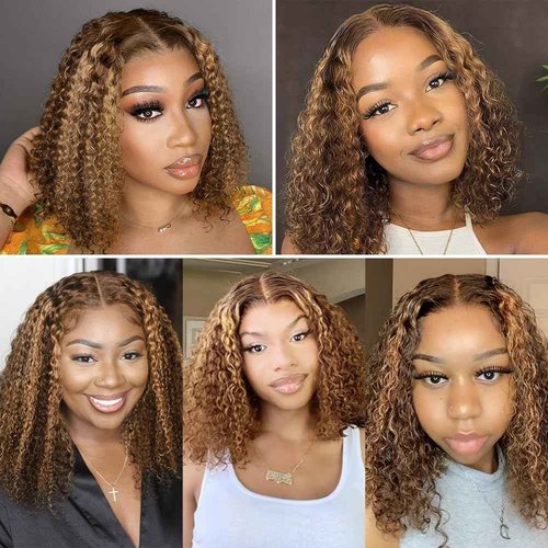 14 Inch Highlight P4/27 Kinky Curly Clip Ins Human Hair 110g 8pcs 20 Clips 3C 4A Curly Clip In Hair Extensions Real Human Hair Brazilian Virgin Hair Full Head for Women P4/27 Color