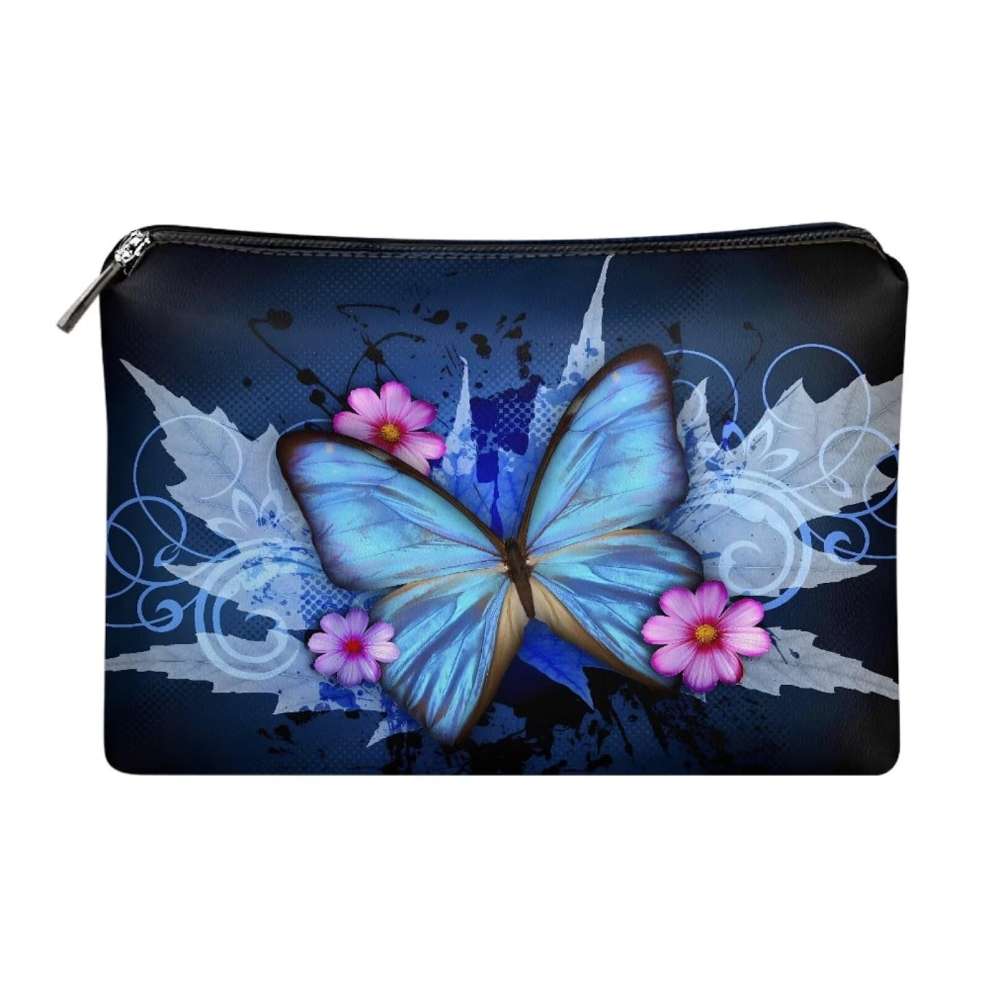 ELEDIZI Blue Butterfly Makeup Bag Leather Lipstick Case Portable Toiletry Pouch Purse Size Cosmetic Bags for Women Waterproof Makeup Brush Pouch Aesthetic Clutch Wallet Birthday Day Gifts for Her