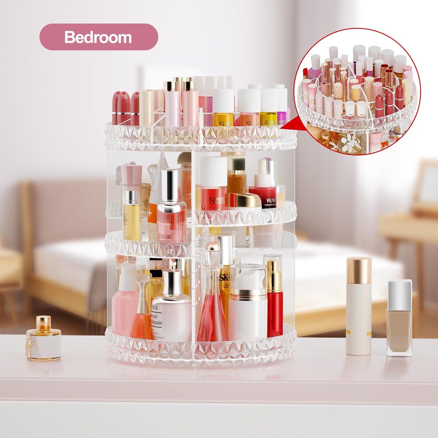 HEMTROY 360 Rotating Makeup Organizer, DIY Adjustable Cosmetics Organizer, Professional Acrylic Make Up Caddy Shelf Storage Perfume, Lipsticks, Makeup Brushes or Accessories (Transparent)