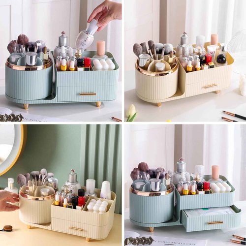 DASITON 360° Rotating Makeup Organizer with Drawers-Large Capacity Cosmetic Display Case for Skincare,Brushes,Eyeshadow&Lipstick(Cream)