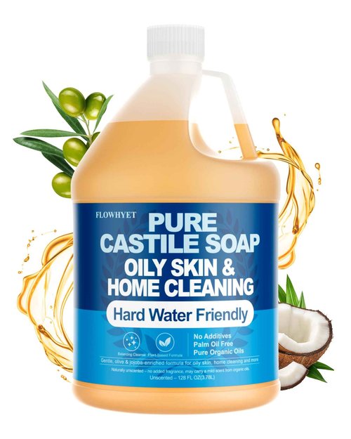 FLOWHYET Pure Castile Soap Liquid Unscented 1 Gallon(128 fl oz) Refill, Organic Body Wash Bath Soap Vegan Castile,Hard Water Oily Skin Friendly for Body, Face, Hand, Multi-Purpose Home Cleaner