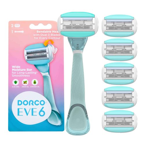 Dorco EVE6 Razor for Women, Includes 1 Razor Handle and 6 Long-Lasting Razor Blade Refills| 1 Handle + 6 Cartridges (Handle + 6 Refills)