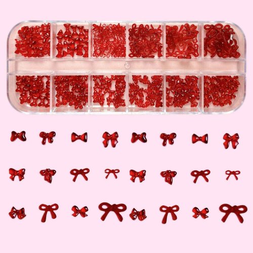 12Grid Bow Nail Charms 3D Red Bowknot Nail Art Rhinestone Design Nail Supplies Cute Nail Art Charms Mini Nail Bows Accessories for Women Manicure DIY Jewels Decoration