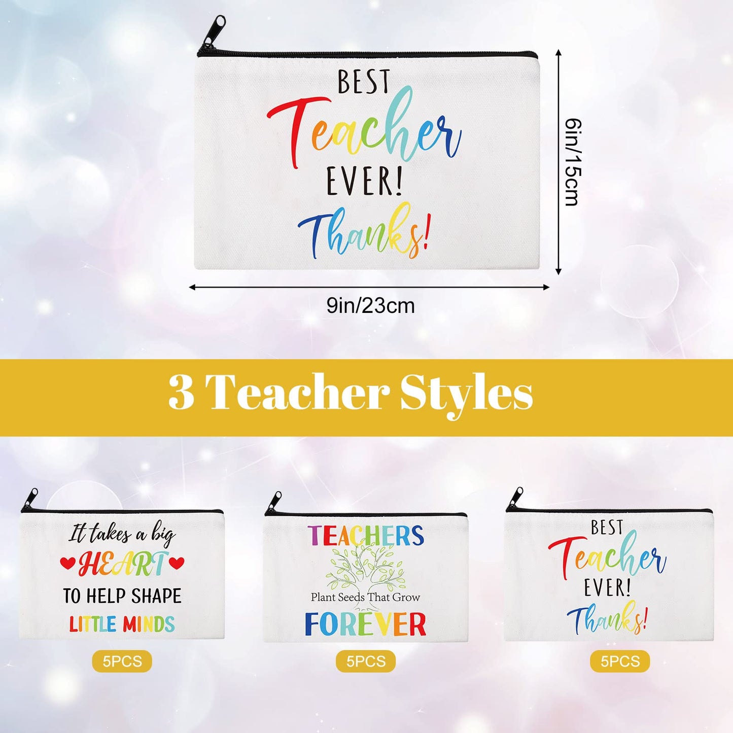 15 Pieces Teacher Appreciation Gifts Teacher Makeup Pouch Cosmetic Bag Teacher Thank You Gifts for Women Travel Toiletry Case Pencil Bag with Zipper for Teacher, 3 Styles (Tree)