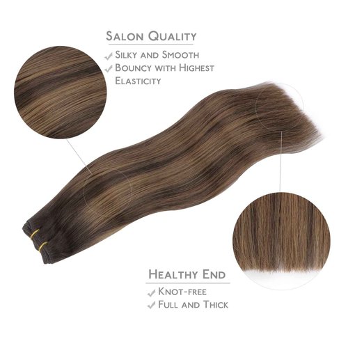 WENNALIFE Sew in Hair Extensions Real Human Hair, Weft Hair Extensions Human Hair 16 Inch 80g Balayage Dark Brown to Chestnut Brown Hand Tied Weft Straight Extensiones De Cabello Hmano