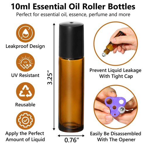 KEYWING 10ml Amber Roller Rottles for Essential Oils - 24PCS Glass Roll on Bottles with Black Caps & Stainless Steel Roller Balls, Empty Perfume Refillable Bottle for Travel