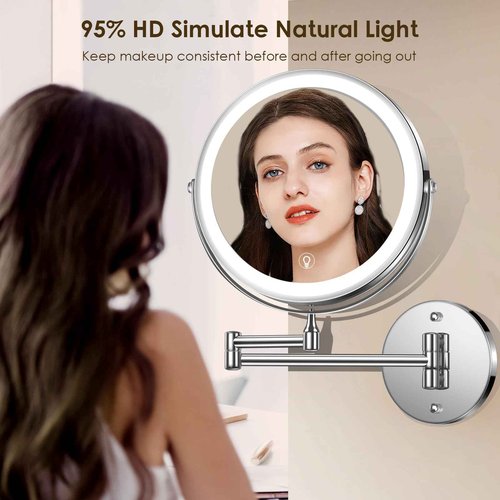 MNIENT Wall Mounted Lighted Makeup Mirror, 8" Rechargeable Double-Sided Light up Magnifying Mirror 1x/10x, 3 Colors Led Vanity Mirror with Lights, Touch Dimmable 360° Rotation Foldable