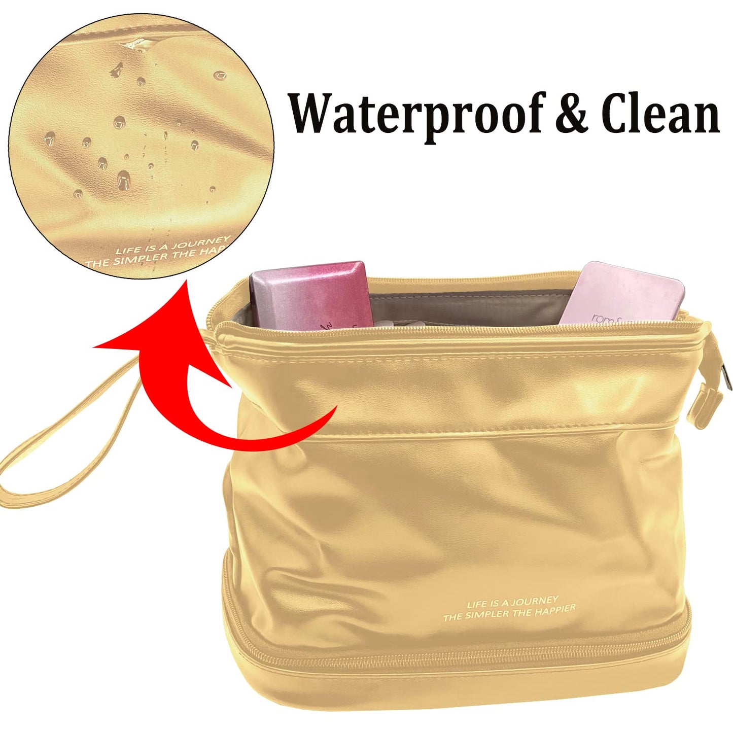 YUHAN PRETTY Large Travel Makeup Bag Double Layer Portable PU Leather Cosmetic Travel Bags Roomy Toiletry Bag for Women Girls(Yellow)