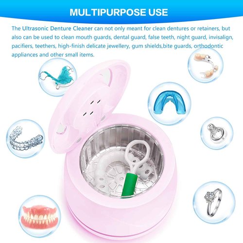 Ultrasonic denture cleaner for dentures, mouth guards, toothbrush heads, jewelry - 45 kHz Ultrasonic Retainer Cleaner (Pink)