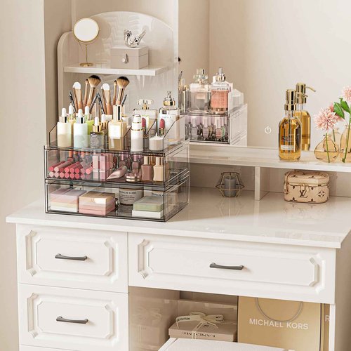Clear Stackable Makeup Organizer with Drawer, 12''W Acrylic Storage Drawers, Cosmetic Display Case for Vanity Bathroom Countertop, Beauty Holder for Lipstick Brush Skincare Perfume (5 Pack)
