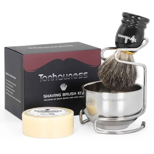 Tonhawness Shaving Brush Kit for Men, 4 in 1 Shaving Brushes Set Includes Badger Hair Shave Brush, Shaving Bowl & Stand and Shaving Soap Kit for Men’s Shave Gift