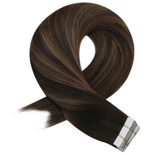 Moresoo Tape in Hair Extensions Human Hair Brown Rooted Tape in Extensions Balayage Darkest Brown Mix with Medium Brown Hair Extensions Glue in Real Human Hair Extensions 18 Inch #2/6/2 20pcs 50g
