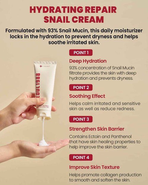 K-SECRET SEOUL 1988 Snail Mucin 93% Cream – Concentrated Yet Lightweight Formula Infused with 93% Snail Mucin | Non-Sticky & Fast-Absorption Facial Cream | Korean Skincare, 100ml / 3.38 fl oz