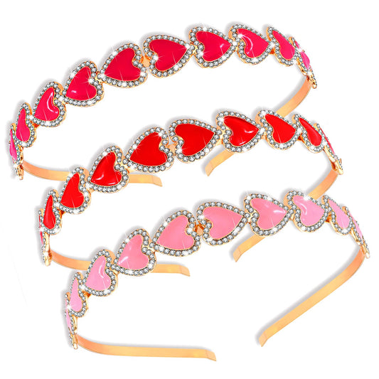 PHALIN 3PCS Valentine’s Day Heart Headbands for Women Glitter Rhinestone Heart Hairbands Sweet Love Heart Hair Hoop Festive Hair Accessory Gifts(3PCS Rhinestone Headband)