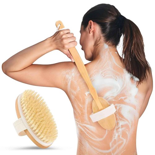 Back Scrubber for Shower - 20" Long Handle Shower Brush - Natural Bristle Back Brush - Ergonomic Handle + Silicone Anti-Slip Grip - Great Gift Idea - Men, Women + Elderly Love This (Regular Bristles)