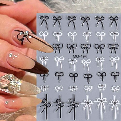 Tyuimhx 5 Sheets Bow Nail Art Stickers Decals 5D Embossed Self-Adhesive Bow Nail Stickers with Rhinestones Designs Silver Red White Black Nail Decals Supplies for Women DIY Manicure Decorations