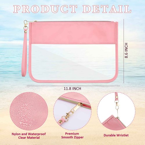 Sanwuta 3 Pcs Clear Zipper Pouches - Nylon Makeup Bags Cosmetic Travel Toiletry with Zipper, Preppy PVC Flat Pouch for Women Girls(Pink, Beige, Brown)