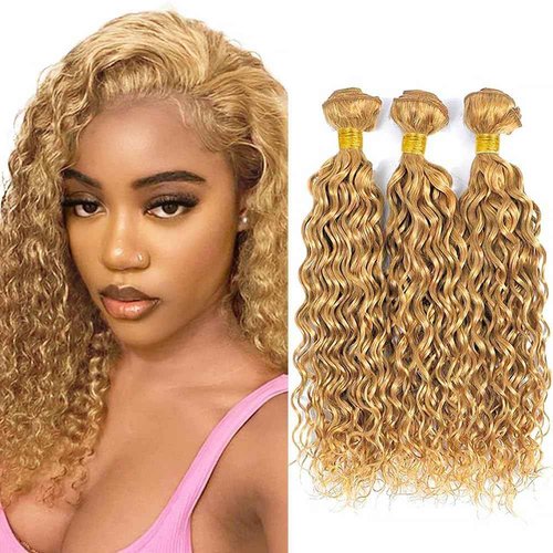 Honey Blonde Human Hair Bundles 14 16 18 Inch Water Wave Bundles Human Hair Unprocessed Native Virgin Hair 100/PC 3 Extensions #27 Blonde Color Curly Wet and Wavy Human Hair Extensions for Women
