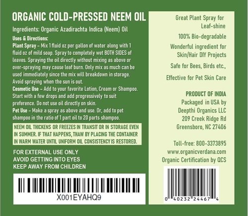 Verdana Pure Neem Oil for Plants – 1 Quart (32 Fl Oz) – Organic, Cold Pressed, Unrefined, Non-GMO – 100% Natural Spray for Plant Leaf Shine, DIY Beauty, Soap Making – No Additives