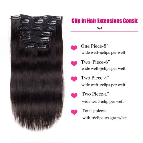 Clip in Hair Extensions Real Human Hair 14Inch 120g/set Straight Human Hair Clip in Extensions 7pcs Thick Remy Brazilian Human Hair Clip ins for Women Jet Black Color