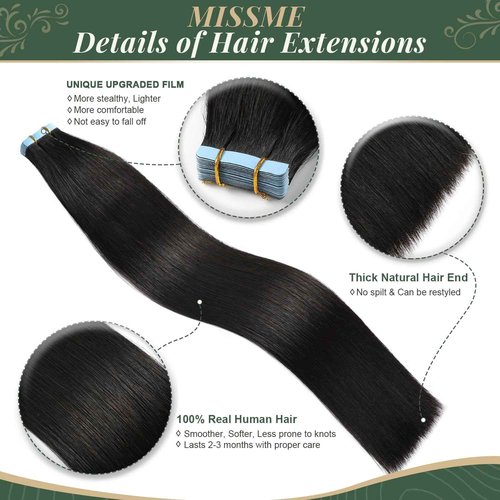 Missme Tape in Hair Extensions Human Hair 16 inch 20 Pcs 40g #1B Natural Black Tape ins Human Hair Extensions Remy Hair Skin Weft Seamless Invisible Silky Straight Thick Ends Add Length