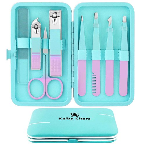 Tweezers Set and Nail Clippers 8Pcs Precision No Gaps Eyebrow Tweezer Kit for Facial Hair Men & Women Travel Tweezers with Leather Case (Violet/Cyan)