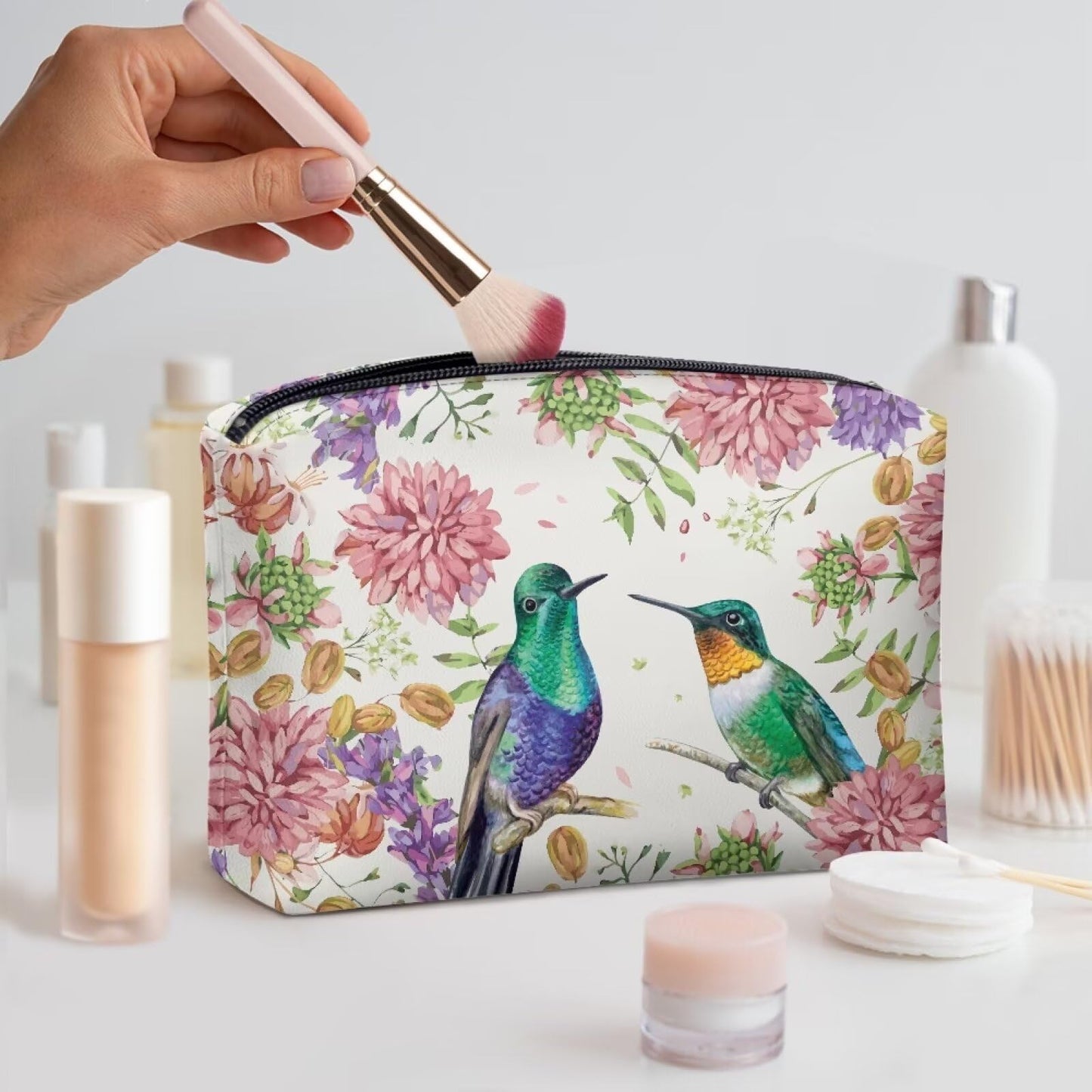 ELEDIZI Hummingbird Cosmetic Bag Cute Makeup Bags for Women Waterproof Skincare Travel Bag Travel Toiletry Bag Pu Leather Makeup Brush Bag with Zipper Portable Lipstick Case Birthday Gifts for Women