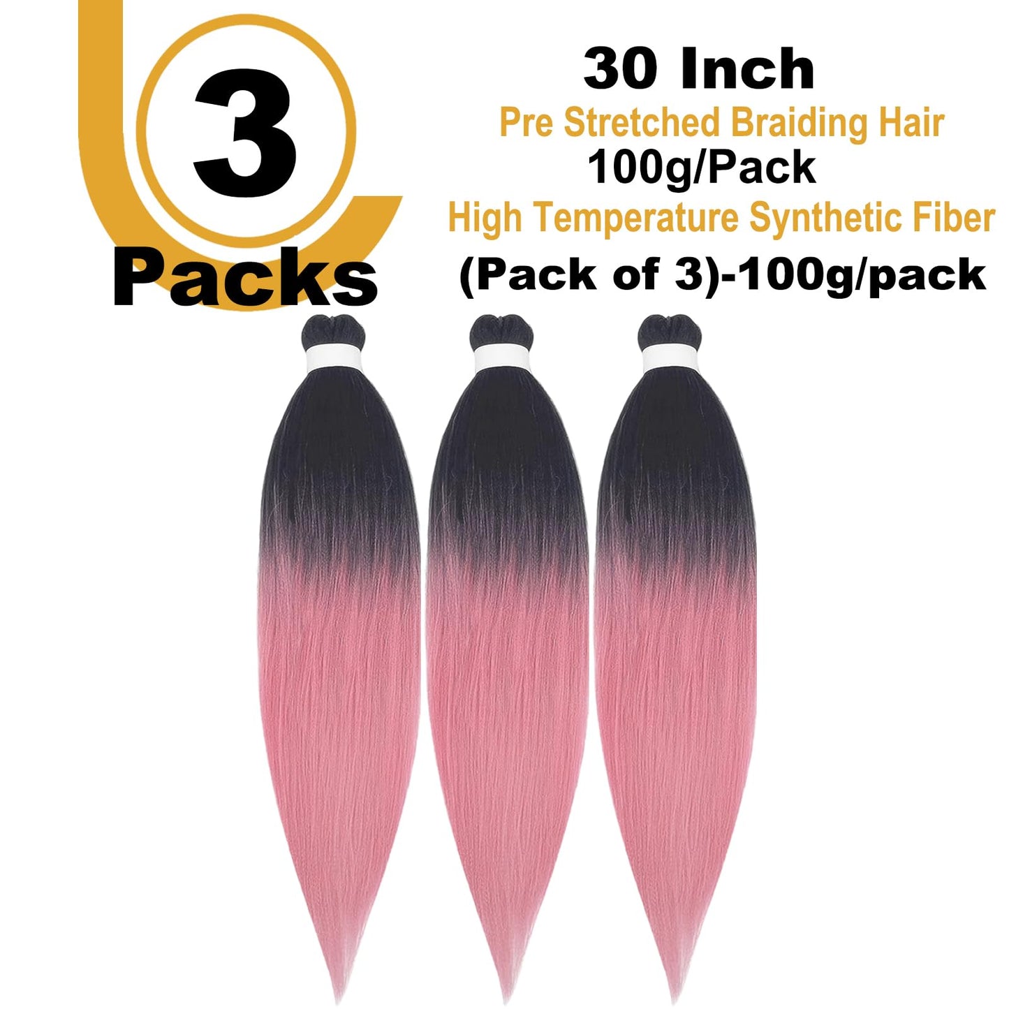 FYRLNA 3 Packs 30 Inch Pre Stretched Braiding Hair High Temperature Synthetic Fiber Pre Stretched Ombre Braiding For Crochet Twist Braids (30 Inch (Pack of 3), black to rouge pink)