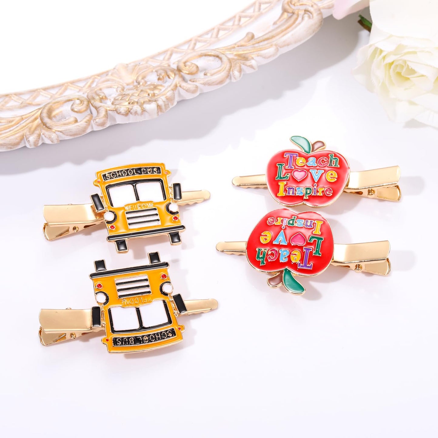 Back to School Hair Clips,Cute Schoolbag Book Hair Clips School Bus Hairpins Back-to-school Gifts Fun Hair Accessories for Teacher Students (2Pairs Ap-ple,School bus)