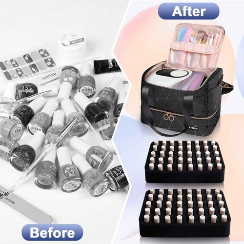 Partreko Nail Polish Organizer Holds 80 Bottles (15ml/0.5 fl.oz)& Nail Lamp, PU Leather Nail Organizers and Storage Bag with Shoulder Strap, Portable Nail Supplies Kit Organizer Carrying Case (Black)