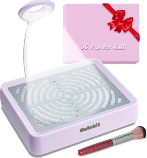 Nail Dust Collector with Lamp&50pcs Disposable Filter&Dusting Brush, Electric Nail Vacuum Cleaner Dust Fan Suction Machine for Manicure Acrylic Gel Nails Polishing, Low Noise, Salon Home (Purple)