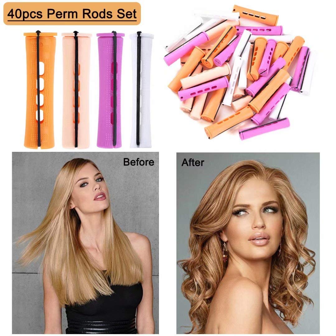 40pcs Perm Rods Set for Natural Hair 4 Sizes Cold Wave Rods Hair Rollers for Women Hair Curling Rods for Long Medium Small Hair Curler Styling DIY Hairdressing Tools（Orange+Beige+Purple+white）