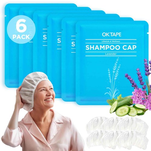 OK TAPE No Water Shampoo Caps (6 Pack) 3 Scents, Rinse Free Shower Cap for Elderly, After Surgery, Camping, Shampoo and Conditioner Hair Wash Cap (Lavender, Verbena and Cucumber Scents)