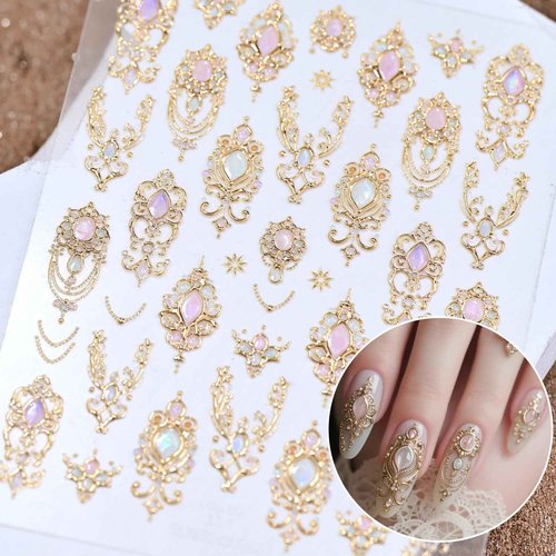 5D Embossed Gemstone Nail Stickers Gold Nail Art Stickers Decals with Gold Mace Design Nail Stickers for Nail Art Mace Style Self-Adhesive Manicure Decoration for Women Nails Supplies