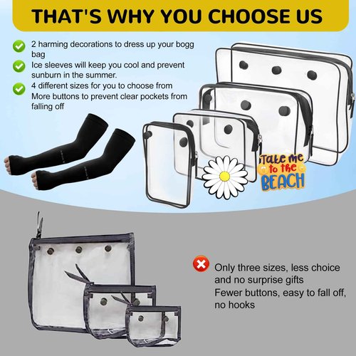 Retooler 4 Packs Clear Bogg Bag Accessories with a Pair of Arm Sleeves and 2 Packs Decoration Charms for Bogg Bag Beach Tote Bag Travel Cellphone Makeup Clean Toiletry Brush Cosmetic Organizer- Black