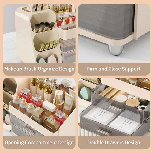 Dimcapo Makeup Organizer for Vanity,Vanity Organizer with Drawers and Brush Holder,Bathroom Make Up Organizer Countertop,Large Cosmetic Organizer for Skincare, Perfume,Lipsticks,Nail Polish (Cream)