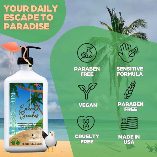 Elegant Sun Emerald Beaches Daily Moisturizer Tan Extender, After Sun Lotion Tanning Bed Lotion, Aloe Vera base, Hypoallergenic, Sensitive Skin Lotion for Men or Women, Unisex Fresh Scent