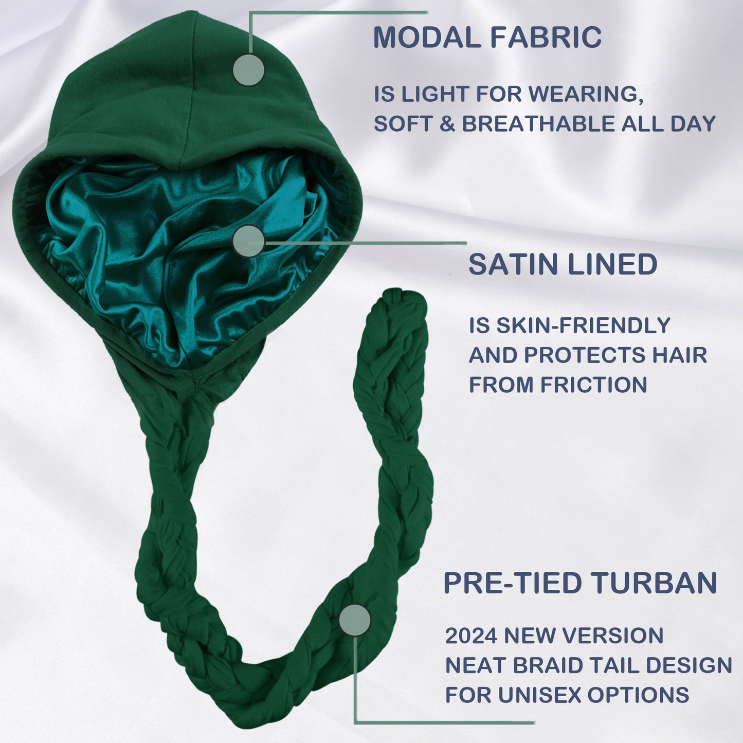 Babalet Halo Turban for Men Women Satin Lined Durag Skull Cap Pre-Tied Handmade Braids Tail Beanie Sleeping Bonnet,ArmyGreen