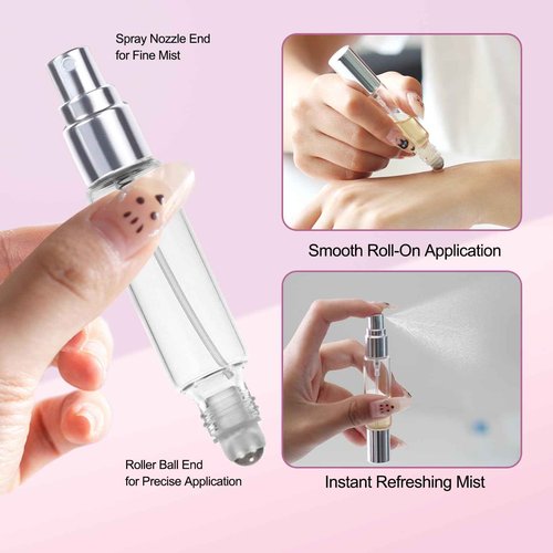 YOCASII 4PCS Dual-Head Travel Perfume Bottle with Spray & Roller Balls for Essential Oils, 10ml Glass Perfume Travel Refillable Bottles and Roll on Bottles for Facial Care with Funnel Tool